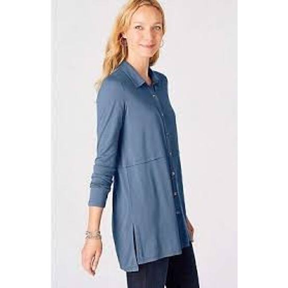 J.Jill slate blue button front long sleeve tunic blouse - women's large - Picture 2 of 9